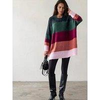 Religion Oversized Katya Jumper Dress In Bold Stripe In Blood Red Orange And Pink - Green