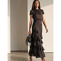 Religion Sian Maxi Dress With Delicate Ruffles And Cap Sleeves In Sateen Finish - Black