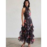Religion Taylor Halterneck Maxi Dress In Floral Red And Blue Print - Black