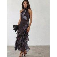 Religion Taylor Halterneck Maxi Dress In Floral Grey And Print - Blue