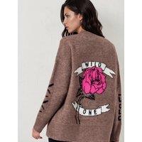 Religion Nadia Rose Intarsia Graphic Cardigan With Shawl Collar - Beige