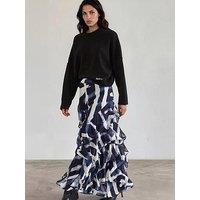 Religion Laura Multi Layer Ruffle Maxi Skirt In Abstract Stripe Hero Print - Blue