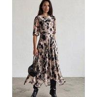 Religion Solstice Tea Dress With Stud Trim Waistband In Floral Bewilder Ashes Print - Beige
