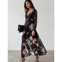 Religion Chloe Long Sleeved Maxi Dress With Button Detail In Abstract Facade Print - Black