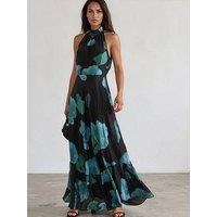 Religion Valeria Maxi Halterneck Dress In Floral Fire Print In Blue And - Green