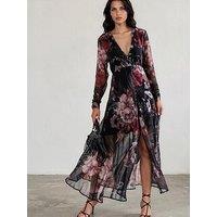 Religion Chloe Long Sleeved Maxi Dress With Button Detail In Floral Camellia Print - Black