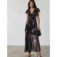 Religion Indium Maxi Dress With Cap Sleeves And Button Design Feature In Trace And Grey Print - Blue