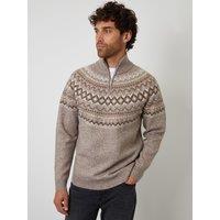 Threadbare Mens Fairisle Half-Zip Funnel Neck Christmas Jumper - Brown