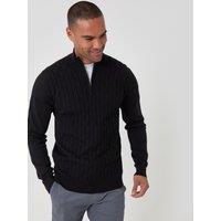 Threadbare Diamond Cable Knit Quarter Zip Jumper In Black