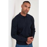 Threadbare Textured Cable Knit Polo Jumper In Navy