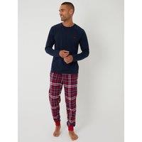 Threadbare Mens Long Sleeve Jersey Top Check Pyjama Set - Red Check