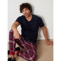 Threadbare Mens Jersey T-Shirt Checked Cuffed Pyjama Set - Navy