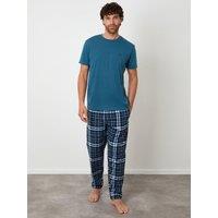 Threadbare Mens Checked Flannel Drawcord Pyjama Set - Blue