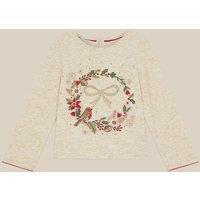 Monsoon Girls Long Sleeve Christmas Wreath Top - Light Cream