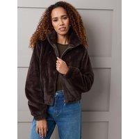 Threadbare Womens Faux Fur Zip Through Bomber Jacket - Brown