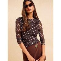 Friends Like These Brown Spot Long Sleeve Drape Mesh Top