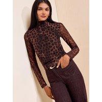 Friends Like These Womens Roll Neck Sheer Mesh Long Sleeve Top - Brown
