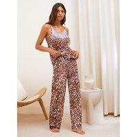 Friends Like These Womens Lace Trim Wide Leg Pyjama Set - Brown