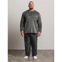 Badrhino Mens Fleece Check Lounge Set Pyjamas - Grey