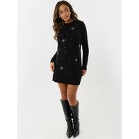 Threadbare Womens Starland Star Embellished Soft-Touch Mini Dress - Black