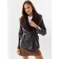Threadbare Womens Belted Faux Fur Collar Jacket - Brown