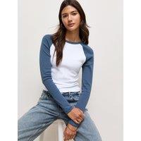 New Look Womens Raglan Sleeve Slim Fit Contrast Panel T-Shirt - Blue