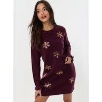 Threadbare Womens Vixen Sequin Embellished Christmas Jumper Dress - Purple