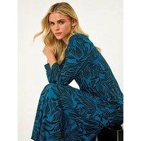 Roman Petite Swirl Print Stretch Midi Dress - Teal Blue