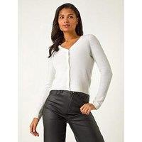 Roman Shimmer V-Neck Ribbed Cardigan - White