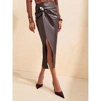 Friends Like These Womens Wrap Twist Detail Faux Leather Midi Skirt - Brown