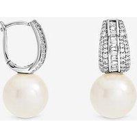 Jon Richard Rhodium Plated Pearl And Pave Drop Hoop Earrings