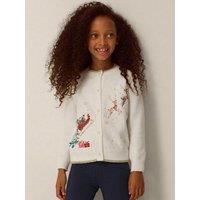 Monsoon Girls Sequin Christmas Reindeer Scene Button Up Cardigan - Light Cream