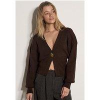 Apricot Hammered Gold Button Ribbed Cardigan - Brown