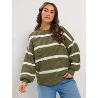 Yours Curve Chunky Waffle Stripe Jumper - Green