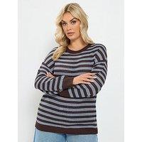Yours Womens Curve Stripe Pointelle Crew Neck Jumper - Brown