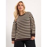 Yours Womens Curve Stripe Pointelle V-Neck Jumper - Brown