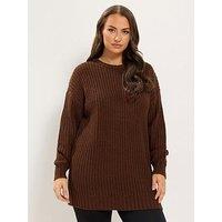Yours Curve Waffle Longline Jumper - Brown