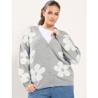 Yours Womens Curve Fluffy Floral V-Neck Button-Through Cardigan - Grey