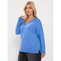 Yours Womens Plus Size V Neck Soft Touch Side Split Jumper - Blue