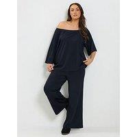 Yours Curve Slash Neck T-Shirt & Trouser Set - Black