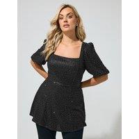 Yours Curve Metallic Stud Peplum Top - Black