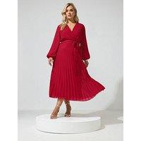 Yours Curve Pleated Long Sleeve Dress - Red