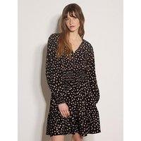 Apricot Irregular Spot Ruffle Neck Mini Dress - Black
