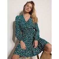 Apricot Irregular Spot Ruffle Neck Mini Dress - Green