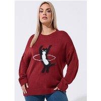 Yours Women'S Curve Cat Motif Knitted Jumper - Red