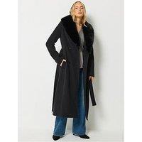 Long Tall Sally Faux Fur Collar Midi Coat - Black
