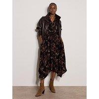 Apricot Painterly Leaf Hank Hem Midi Dress - Black