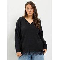 Yours Curve Lace Hem V Neck Jumper - Black