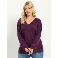 Yours Womens Curve Lace Hem V Neck Jumper - Purple