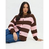 Yours Curve Stripe Collar Cardigan - Brown